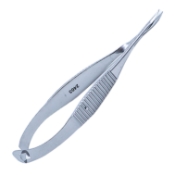 McPherson-Vannas Iris Scissors, Curved, Serrated Spring Handle, Sharp Tips, 11mm Mid-Screw to Tip, Overall Length 3-3/8" (85mm) 934413,May-58,K4-5100,08-03512,E3347