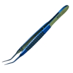 McPherson Tying Forceps, Titanium, Angled 45 Degrees, 6mm TC Tying Platforms, 0.3mm Tips, 6mm Wide Flat Handle, Overall Length 3.3" (84mm) 