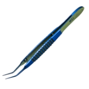 McPherson Tying Forceps, Titanium, Angled 45 Degrees, 6mm TC Tying Platforms, 0.3mm Tips, 6mm Wide Flat Handle, Overall Length 3.3" (84mm) 