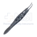 Moody Fixation Forceps, Curved Left, 0.5mm, 1 x 2 Teeth, Thru Handle, Click Lock Thumb Release, Three Hole Handle, Polished Finish, Overall Length 4-1/4" (108mm) - 11-6-3664