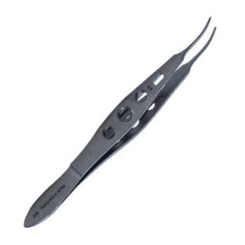 Moody Fixation Forceps, Curved Left, 0.5mm, 1 x 2 Teeth, Thru Handle, Click Lock Thumb Release, Three Hole Handle, Polished Finish, Overall Length 4-1/4" (108mm) 644600,11/6/3664,K5-2553