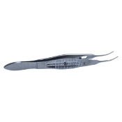 Moody Fixation Forceps, Curved Right, 0.5mm, 1 x 2 Teeth, Through Handle Click Lock, Thumb Release, Polished Finish, Solid Serrated Castroviejo Handle, Overall Length 4-1/4" (108mm) 