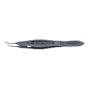 Moody Fixation Forceps, Curved Shafts, 0.5mm, 1 x 2 Teeth, Through Handle Click Lock Thumb Release, Polished Finish, Solid Serrated Castro Handle, Overall Length 4-1/4" (108mm) 