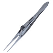 OConnor-Elschnig Fixation Forceps, Straight Shafts, Heavy Elschnig Teeth, Serrated Flat Handle, Slide Style Lock Polished Finish, Overall Length 4-1/4" (109mm) 535933,May-67,E2256