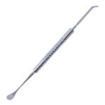 Paton Spatula, Double Ended, 6mm Wide x 15mm Long Thin Blade, Three Grooves, 2mm Wide x 31mm Blade, Last 7mm Angled Tip, Serrated Flat Handle, Polished Finish, Overall Length 5-3/4" (145mm) 824475,May-57,K3-4255,E3046