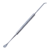 Paton Spatula, Double Ended, 6mm Wide x 15mm Long Thin Blade, Three Grooves, 2mm Wide x 31mm Blade, Last 7mm Angled Tip, Serrated Flat Handle, Polished Finish, Overall Length 5-3/4" (145mm) 824475,May-57,K3-4255,E3046
