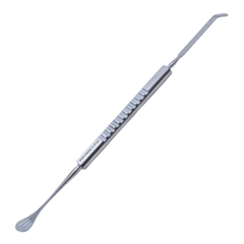 Paton Spatula, Double Ended, 6mm Wide x 15mm Long Thin Blade, Three Grooves, 2mm Wide x 31mm Blade, Last 7mm Angled Tip, Serrated Flat Handle, Polished Finish, Overall Length 5-3/4" (145mm) 824475,May-57,K3-4255,E3046