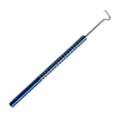 Suh Dacamara Strabismus Recession Grooved Muscle Hook, Titanium, Right, 0.55mm Wide Grooved Track in a 1.1mm Wide Hook x 11mm Long, Top View Of Hook Tapered From 1mm To 0.8mm, Knobbed Tip, Grooved Round Handle, Working Length 1-1/4" (31mm), Overall Length 4-15/16" (125mm) 