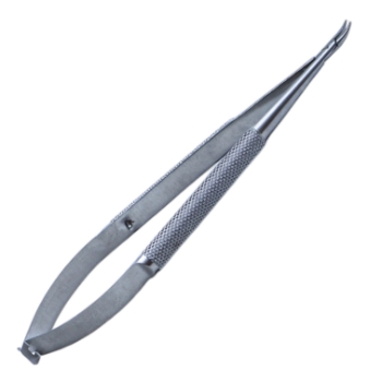 Needle Holder, Moderately Curved, Delicate 6mm Jaws, Without Lock, 12mm Mid-Screw To Tip, Round Knurled Small Handle, Dull Finish, Overall Length 4-7/8" (125mm) 1130914,May-96,K6-3830,E3885
