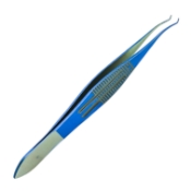 Corneal Forceps, Titanium, 0.12mm, 1 x 2 Teeth Set At 45 Degrees, 6mm Diamond Dusted Tying Platform, Colibri Style, Serrated Wide Slotted Handle, Polished Finish, Overall Length 4-1/4" (109mm) 