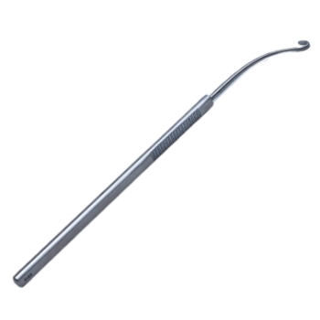 Scobee Oblique Muscle Hook, Curved Shaft, Flat 4.5mm Hook, Serrated Flat Handle, Polished Finish, Overall Length 5-1/4" (133mm) E0564,3272E,E0564