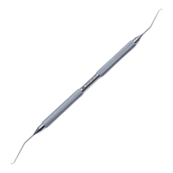 Siebel Nucleus Chopper, Double Ended, Stainless Steel, Left One End, Right Other End, Curved Interior Cutting Edge, 0.5mm Olive Tip, Slightly Angled, 15mm Bend to Tip, Round Knurled Handle 