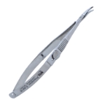 Troutman-Castroviejo Corneal Section Scissors, Left, Barraquer Stop/Lock, Miniature Model Has Curved Blades, Blunt Tips, Both Blades Of Equal Length, Serrated Flat Handle, Polished Finish, Overall Length 4-5/8" (116mm) 919803,May-18,E3307