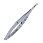Troutman-Castroviejo Corneal Section Scissors, Left, Barraquer Stop/Lock, Miniature Model Has Curved Blades, Blunt Tips, Both Blades Of Equal Length, Serrated Flat Handle, Polished Finish, Overall Length 4-5/8" (116mm) 919803,May-18,E3307