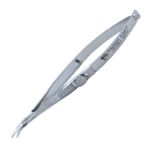 Troutman-Castroviejo Corneal Section Scissors, Right, Barraquer Stop/Lock, Miniature Model Has Curved Blades, Blunt Tips, Both Blades Of Equal Length, Serrated Flat Handle, Polished Finish, Overall Length 4-5/8" (116mm) 919438,May-17,E3306