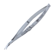 Troutman-Castroviejo Corneal Section Scissors, Right, Barraquer Stop/Lock, Miniature Model Has Curved Blades, Blunt Tips, Both Blades Of Equal Length, Serrated Flat Handle, Polished Finish, Overall Length 4-5/8" (116mm) 919438,May-17,E3306