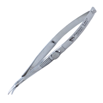 Troutman-Castroviejo Corneal Section Scissors, Right, Barraquer Stop/Lock, Miniature Model Has Curved Blades, Blunt Tips, Both Blades Of Equal Length, Serrated Flat Handle, Polished Finish, Overall Length 4-5/8" (116mm) 919438,May-17,E3306