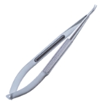Troutman Needle Holder, Gently Curved, Medium 10mm Jaws, Without Lock, Medium Round Handle, Longitudinal Serrated Grip, Dull Finish, Overall Length 4-3/4" (122mm) 