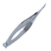 Vannas Capsulotomy Scissors, Curved, Sharp Tips, 6mm Blades, 9mm Mid-Screw To Tip, Serrated Handle, Polished Finish, Overall Length 3-1/4" (80mm) 949023,May-98,K4-5010,E3387