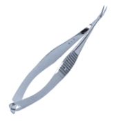 Vannas Capsulotomy Scissors, Curved, Blunt Tips, 6mm Blades, 8mm Mid-Screw To Tip, Serrated Handle, Polished Finish, Overall Length 3-1/4" (84mm) 