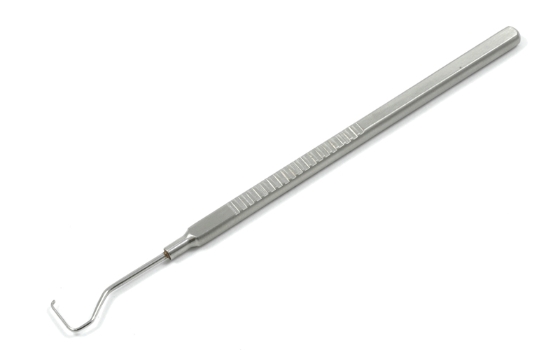 Culler Rectus Muscle Hook, Flattened 10mm Hook, Angled Tip, Serrated Flat Handle, Polished Finish, Overall Length 4-13/16" (122mm) E0582,3244E,E0582