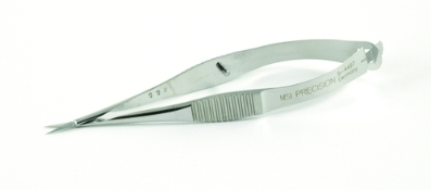 Vannas Capsulotomy Scissors, Curved, Sharp Pointed Tips, 6mm Blades, 8.75mm Mid-Screw To Tip, Serrated Handle, Polished Finish, Overall Length 3-1/4" (85mm) 